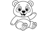 Panda sitting with one arm raised, big eyes, round ears, and visible paw pads.