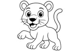 Panther cub with round ears, big eyes, a long tail, and one paw raised.