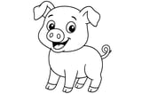 Pig with floppy ears, big round eyes, a curly tail, and four hooved legs.