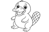 Platypus with a wide bill, round belly, four limbs, and a flat tail with crisscross lines.