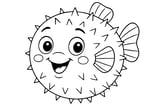 Pufferfish with large eyes, round spiky body, and three visible fins.