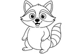 Raccoon with large eyes, striped bushy tail, pointed ears, and a cheerful smile.