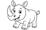 Rhino with two horns, large ears, big eyes, four sturdy legs, and a small tail.