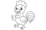 Rooster with a comb on its head, curved tail feathers, wings, beak, and two feet.
