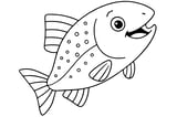 Salmon with fins, a large tail, and dotted patterns on its body.