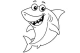 Shark with big eyes, sharp teeth, dorsal fin, and curved tail.