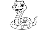 Snake with big eyes, coiled body, curved tail, and striped patterns.