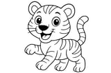 Tiger with stripes, round ears, long tail, and raised paw.