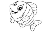 Clownfish with big eyes, striped body, and detailed fins.