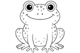 Toad with big round eyes, wide mouth, four legs, and spots on its body.