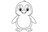 Penguin with big eyes, flippers raised, and webbed feet in a dancing pose.