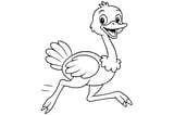 Ostrich with large eyes, open beak, long neck, feathered wings, and two strong legs.