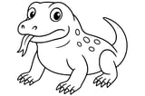 a calm Komodo dragon with four legs, a long tail, a forked tongue, and spots on its back.