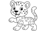 Leopard with round ears, a long tail, four legs, and a tongue sticking out.