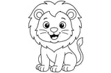 Lion with a full mane, round ears, a happy face, and a curled tail.