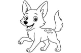 Jackal with large ears, fluffy tail, four legs, and an open smiling mouth.