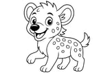 Hyena with round ears, a spotted body, raised paw, and an open smiling mouth.