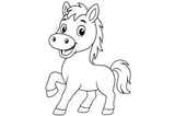 Horse with a smiling face, raised front leg, fluffy tail, and big eyes.