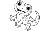 Gecko with big eyes, round spots, four splayed toes on each foot, and a curved tail.