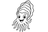 Cuttlefish with big eyes, a striped finned body, and flowing arms.