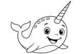 Narwhal with a long spiraled tusk, flippers, and a curved tail.