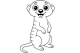 Meerkat standing upright with big eyes, short arms, rounded ears, and a long tail.