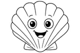 Scallop with large eyes, a big smiling mouth, and fan-shaped shell lines.