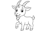 Goat with curved horns, a small beard, raised front leg, and a short tail.