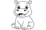Hippopotamus sitting with round ears, big eyes, wide mouth, and visible teeth.