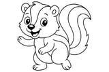 Skunk with a big fluffy tail, round ears, striped fur, and an open smile.