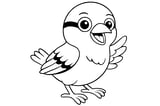 Sparrow with open beak, detailed wings, round eyes, and small feet.