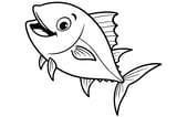 Tuna Fish with large eyes, sharp fins, and a forked tail.