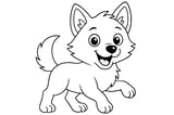 Wolf with pointy ears, fluffy tail, open mouth, and four raised paws.