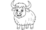 Yak with curved horns, fluffy fur, small hooves, and round eyes.
