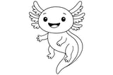 Axolotl with a big smile, four limbs, a long tail, and frilly gills on both sides of its head.