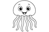 Jellyfish with a round bell-shaped head, large eyes, and eight wavy tentacles.