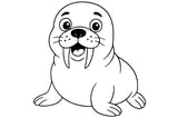 Walrus with big eyes, two long tusks, whiskers, and flipper-like front legs.