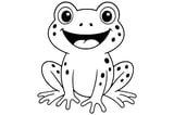 Frog with big eyes, a wide smile, spotted skin, and four webbed feet.