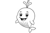 Whale with big eyes, a wide smile, a spout of water, small fins, and a curved tail.