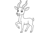 Antelope with big eyes, long curved horns, pointed ears, and one front leg raised.