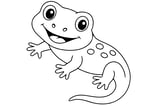 Salamander with big eyes, a wide smile, four legs with toes, a long tail, and spots on its back.