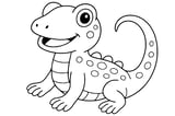Lizard with big eyes, a wide smile, four legs with toes, a long curled tail, and spots along its back.
