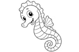 Seahorse with a curled tail, striped body, big eyes, and a small fin on its back.