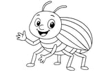 Beetle with six legs and curved antennae, standing in a forest with grass, rocks, a tree, a river, and a volcano in the background.
