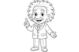 Albert Einstein smiling with wild hair, wearing a suit and tie, raising one finger and extending the other hand.