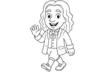 Isaac Newton smiling with long wavy hair, wearing a coat with a bow tie, waving one hand and walking.
