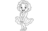 Marilyn Monroe smiling with short curly hair, wearing a flowing dress and high heels, holding down her skirt with both hands.