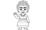 Frida Kahlo smiling with braided hair decorated with flowers, wearing earrings, a necklace, and a traditional dress, waving with one hand.