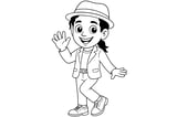 Michael Jackson smiling with long hair in a ponytail, wearing a fedora hat, jacket, belt, and sneakers, waving one hand and dancing.