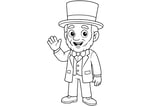 Abraham Lincoln smiling with a beard, wearing a tall top hat, bow tie, suit, and waving with one hand.